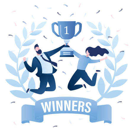 Happy business people or office workers with cup in jump. Successful team with first place cup. gender equality. Winner's award ceremony banner. Laurel wreath and ribbon. flat vector illustrationのイラスト素材