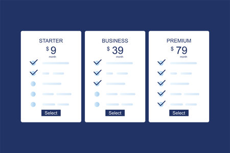 price list set. Three tariff plans. Pricing table for business. Starter, Business and Premium plan. Clean modern UI UX design template. White cards on blue background. flat vector illustrationのイラスト素材