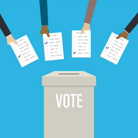 Various hand holds ballot papers. Vote concept banner. ballot box. Referendum or election campaign...