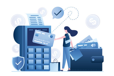 POS terminal, woman shopper pays for purchases by credit card. Financial technologies, secure cashless payments. paper check after transaction. Wallet with banknotes. trendy style vector illustrationのイラスト素材