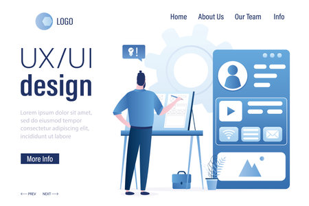 UX & UI design, landing page template. Designer creates structure of information blocks of mobile application. Programmer at workplace. Coding, interface and software app development. flat vectorのイラスト素材