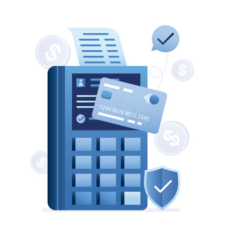 Payment terminal and plastic credit card. System of secure non-cash payments and purchases. Financial technologies for stores. paper check after transaction. trendy style design. vector illustrationのイラスト素材