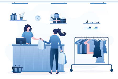 Female character pays for purchases at checkout. Seller stands behind counter. Shopper with packages in clothing store. Concept of business, mass market and shopping. Trendy flat vector illustrationのイラスト素材
