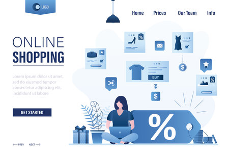 Caucasian woman shopping with discount online via laptop. Female character chooses goods on e-store. Concept of business, purchasing and ecommerce. Landing page template. flat vector illustrationのイラスト素材