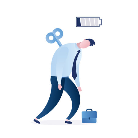 Tired man employee. Burn-out, emotional stress. Businessman with empty battery. Handsome office worker with low energy. Winding mechanism, male character in trendy style. flat vector illustrationのイラスト素材