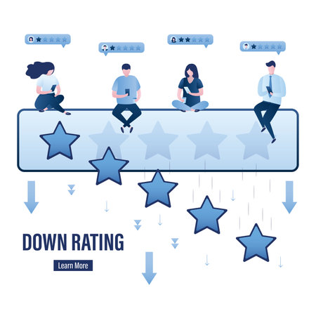 Down rating, landing page template. Group of clients give negative reviews. Testimonials, customer feedback. grading system. Users holding smartphones. People vote, falling stars. vector illustrationのイラスト素材