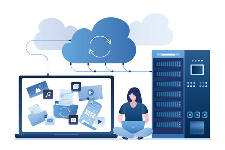 Laptop with content, female user uploading files in cloud storage. Upload and download data with remote servers via cloud technologies. Information storage service, database. flat vector illustrationのイラスト素材