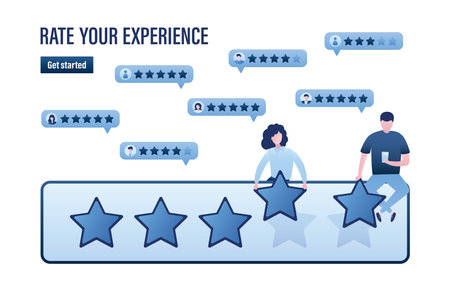 Customers give five stars rating. positive review. Rate your experience - landing page template. Testimonials, clients feedback. online survey. People holds stars, vote concept. vector illustrationのイラスト素材