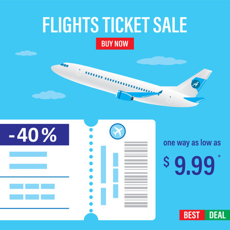 Flight tickets sale, landing page. Sale of air tickets with large discounts. Boarding pass and plane taking off. Advertising banner template for web or print. Promo tariff. flat vector illustrationのイラスト素材