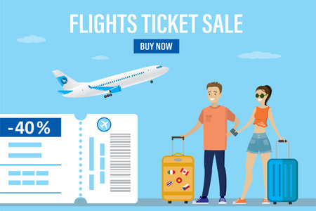 Flight tickets sale, landing page. Sale of air tickets with large discounts. Boarding pass, plane taking off. Couple of tourists with luggage. Promo tariff, advertising banner. flat vector illustrationのイラスト素材