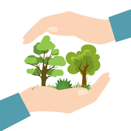 Big hands holding and protecting trees, plants, grass. Conservation of nature, ecological problems concept. environmental protection. Earth day banner template. eco-friendly poster. vector illustrationのイラスト素材