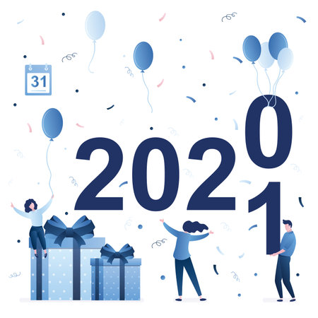People celebrating new year 2021. funny party. Tiny people change numbers. Happy characters with gift boxes, balloons and confetti. 31 December. flat trendy vector illustrationのイラスト素材