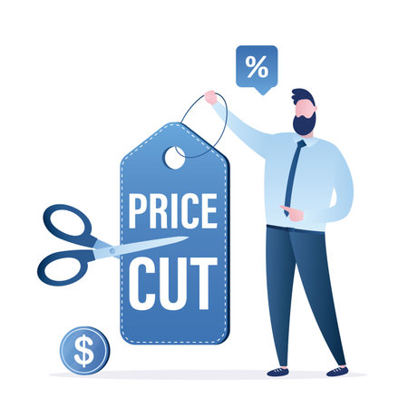 Cut Prices, holiday discounts or seasonal sales. Businessman or salesman holding price tag, scissors cuts in half. Web page template. Male entrepreneur in trendy blue style. flat vector illustrationのイラスト素材