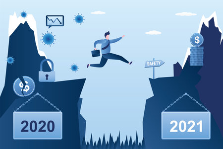 Businessman jumping from problems 2020 to new safety 2021. Jump over an obstacle. Year of coronavirus, lockdown and financial crisis. Male character in danger situation. trendy vector illustrationのイラスト素材