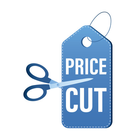 Cut Prices, holiday or seasonal sales. Web page elements template, isolated on white background. Sale and discounts trendy style design. Scissors cut price tag in half. flat vector illustrationのイラスト素材