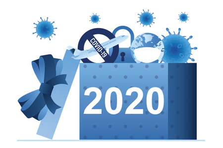 Gift box with text - 2020. Year issues - coronavirus pandemic, lockdown, fly ban and protective masks. Funny banner in trendy blue style. flat vector illustrationのイラスト素材