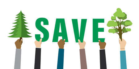 Various hand holding trees and text - save. Conservation of nature, ecological problems concept. environmental protection. earth day banner. Cartoon template isolated on white.Flat vector illustrationのイラスト素材