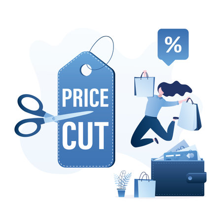 Price cut, holiday or seasonal sales. Woman customer with shopping bags. Sale and discounts, trendy style design. Scissors cut price tag in half. Happy female client with wallet. vector illustrationのイラスト素材
