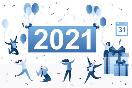 Group of people celebrating new year 2021. Merry christmas, funny corporate party. Happy tiny businesspeople with gift boxes, balloons and confetti. 31 December. flat trendy vector illustrationのイラスト素材