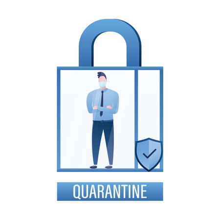 Potentially sick man locked in a glass, sealed box. Prevention of spread of coronavirus. Health care concept banner. Covid-19 pandemic, lockdown. flat vector illustrationのイラスト素材