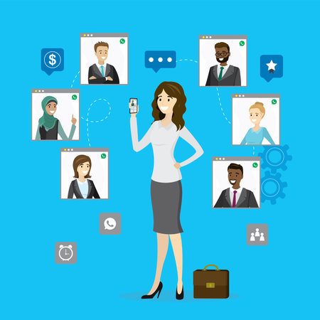 Teamwork, group video conference. Caucasian businesswoman uses smartphone. Remote negotiation, video call. technology of online chat. Virtual meeting, mobile communication. flat vector illustrationのイラスト素材