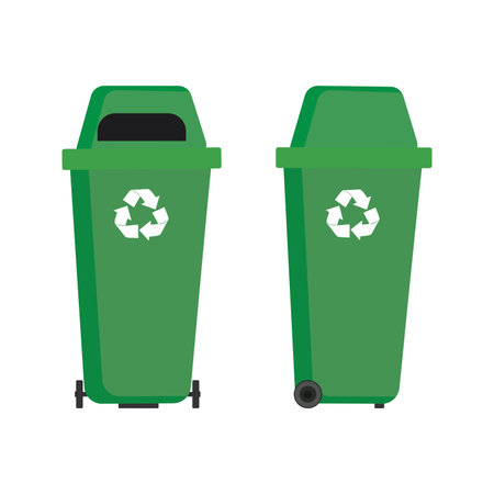 Green garbage cans for waste. Front and side views. Plastic recycle bins isolated on white background. Cartoon recycling garbage containers. Trash can icons. flat vector illustrationのイラスト素材
