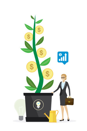 Businesswoman stands near money tree on which coins grow. Female worker grows profit plant. startup concept. Brainstorming, business incubator. Venture fund and investment process. vector illustrationのイラスト素材