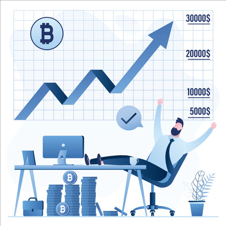 Happy male investor or trader on modern workplace. Fast growing bitcoin chart, financial profit. Successful investments, savings in cryptocurrency. Bitcoin buying strategy. trendy flat style vectorのイラスト素材