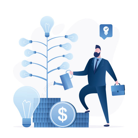 Businessman watering tree on which new ideas grow. Man employee grows plant. Brainstorming, business incubator. Male investor search for new ideas and startups. Venture fund. flat vector illustrationのイラスト素材