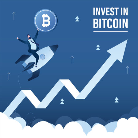 Male trader holds bitcoin. Businessman flying up on rocket. Invest in bitcoin. Fast growth of bitcoin rate, earnings on cryptocurrency. Trading on stock market, landing page. flat vector illustrationのイラスト素材
