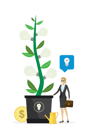 Businesswoman stands near tree on which new ideas grow. Female worker grows plant. Brainstorming, business incubator. Search for new ideas and startups. Venture fund. vector illustrationのイラスト素材
