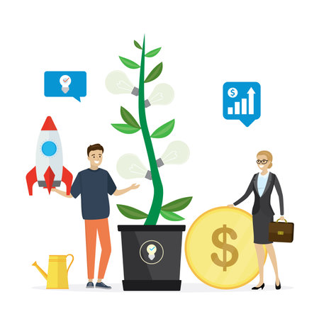 Businessman with rocket stands near ideas tree. Development of new startups, innovations. Brainstorming, business incubator. Woman investor or venture fund invests in new project. vector illustrationのイラスト素材
