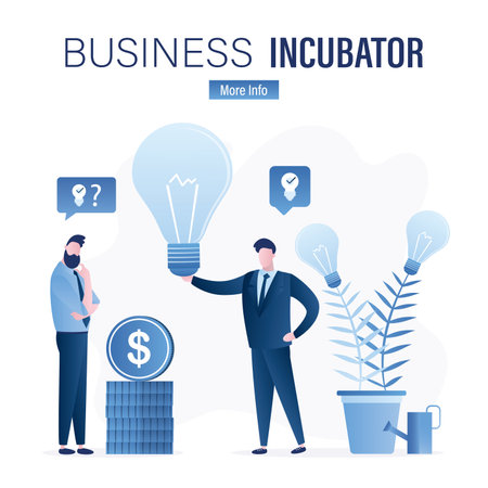 business incubator banner. Businessman stands near ideas tree and gives lightbulb. Development of new startups and innovations, brainstorming. Male investor or venture fund search new projects. vectorのイラスト素材