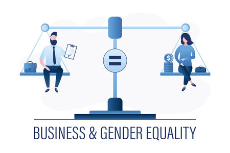 Business and gender equality concept banner. Businessman and businesswoman sitting on scales. Equal rights for men and women at job. Equal pay. Happy colleagues, characters in trendy style. Vectorのイラスト素材