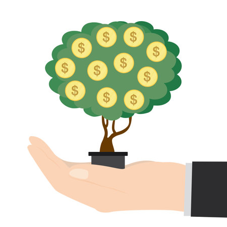 Big hand holding money tree. Investor grows profitable plant with dollars. Venture fund, investment process. Business incubator, startup concept. Design isolated on white background. flat vectorのイラスト素材
