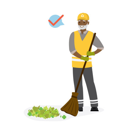 Old garbage collector at work. African american male worker in special uniform. Elderly scavenger remove leaves. Aged cleaner sweeps floor, isolated on white background. flat vector illustrationのイラスト素材