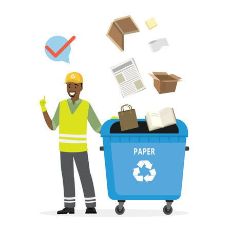 Separate garbage collection. African american man in uniform stands near trash can. Paper and cardboard items fall in a separate tank. Cartoon scavenger isolated on white background. vector illustrationのイラスト素材