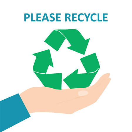Big hand holds green recycling sign. Inscription - please recycle. Conservation of nature, ecological problems. Environmental Protection, eco-friendly concept, banner template. vector illustrationのイラスト素材