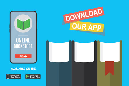 various books. Modern smartphone with online bookstore application on display. Internet library or shop. Download our app banner. Background template for web or print. flat vector illustrationのイラスト素材