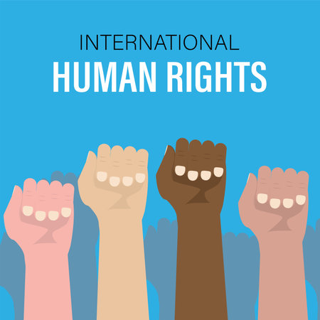 human rights day. Different hands are clenched into fists. Friendship, tolerance banner concept. Multi ethnic hands on a blue background. flat design vector illustrationのイラスト素材