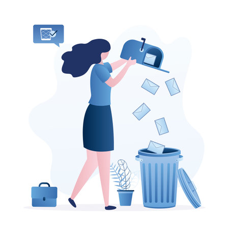 Female clerk throws letters into trash can. Funny businesswoman deletes spam or read mail from mailbox. File manager, deleting unnecessary files. email cleaner. flat vector illustrationのイラスト素材