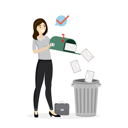 Cartoon female clerk throws letters into trash can. European business woman deletes spam or read mail from mailbox. File manager, deleting unnecessary files. email cleaner. flat vector illustrationのイラスト素材