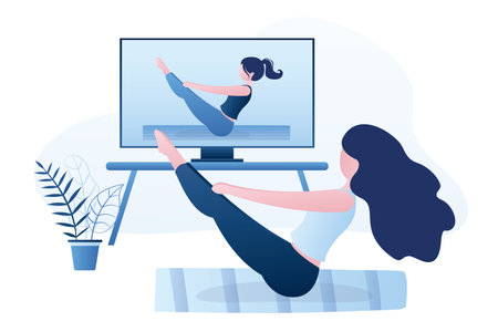 Yoga course streaming on tv or monitor. Girl doing yoga Boat Pose, paripurna navasana asana in hatha yoga. online technology. Exercise for a healthy lifestyle. Vector illustration in trendy blue styleのイラスト素材