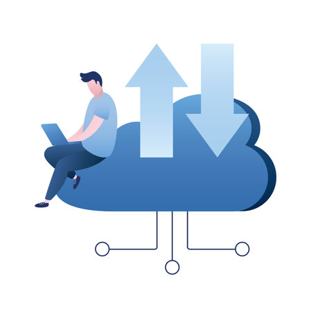 Male character use laptop and sits on big cloud. Remote servers, cloud service, adding media content, data storage. Loading and uploading files. web hosting. Funny user isolated. vector illustrationのイラスト素材