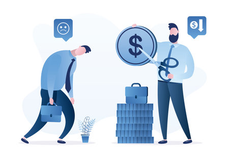 Boss cut salary for employee. Businessman uses scissors for cut coin. Unhappy male clerk after loss of wages. Economic crisis, business problems concept. Reducing corporate costs. vector illustrationのイラスト素材