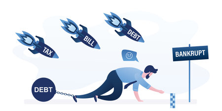 Unhappy businessman with weight on leg crawls towards bankruptcy. Rockets with bill, debt and taxes. Tax avoidance. Business problems, financial crisis concept. flat vector illustrationのイラスト素材