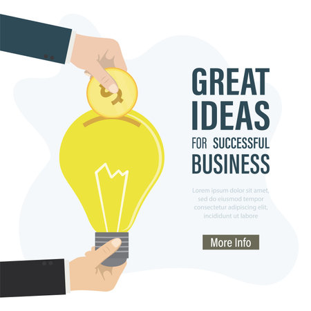 Hand holding light bulb - new business idea. Investor gives money for potential profit. Great ideas for successful business - landing page template. Investment process, crowdfunding. vector illustrationのイラスト素材