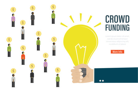 Businessman hand holding idea bulb. Various people with coins. Crowdfunding landing page template. Investors with money, investment process. Startup development, making money. flat vector illustrationのイラスト素材