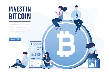 business people sitting near big bitcoin. Successful investors invest in bitcoin. Blockchain technology, investment process. Traders make money. Landing page template. flat vector illustrationのイラスト素材