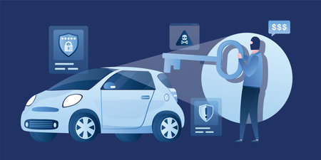 Criminal man with big key is trying to steal car. Funny guy in mask. Burglar has been detected by an anti-theft system of vehicle. Alert. Reliable transport security. flat vector illustrationのイラスト素材